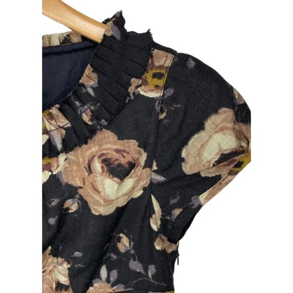 Boden Sz 10 Black 100% WOOL Ruffled Floral Print Sheath Shift Dress - Picture 3 of 8